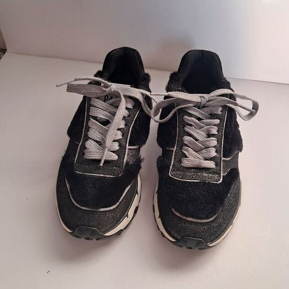 P448 Sneakers Women's 38 8 Jackson Badia Faux Fur Glitter Black Vibram Sole - Picture 3 of 7